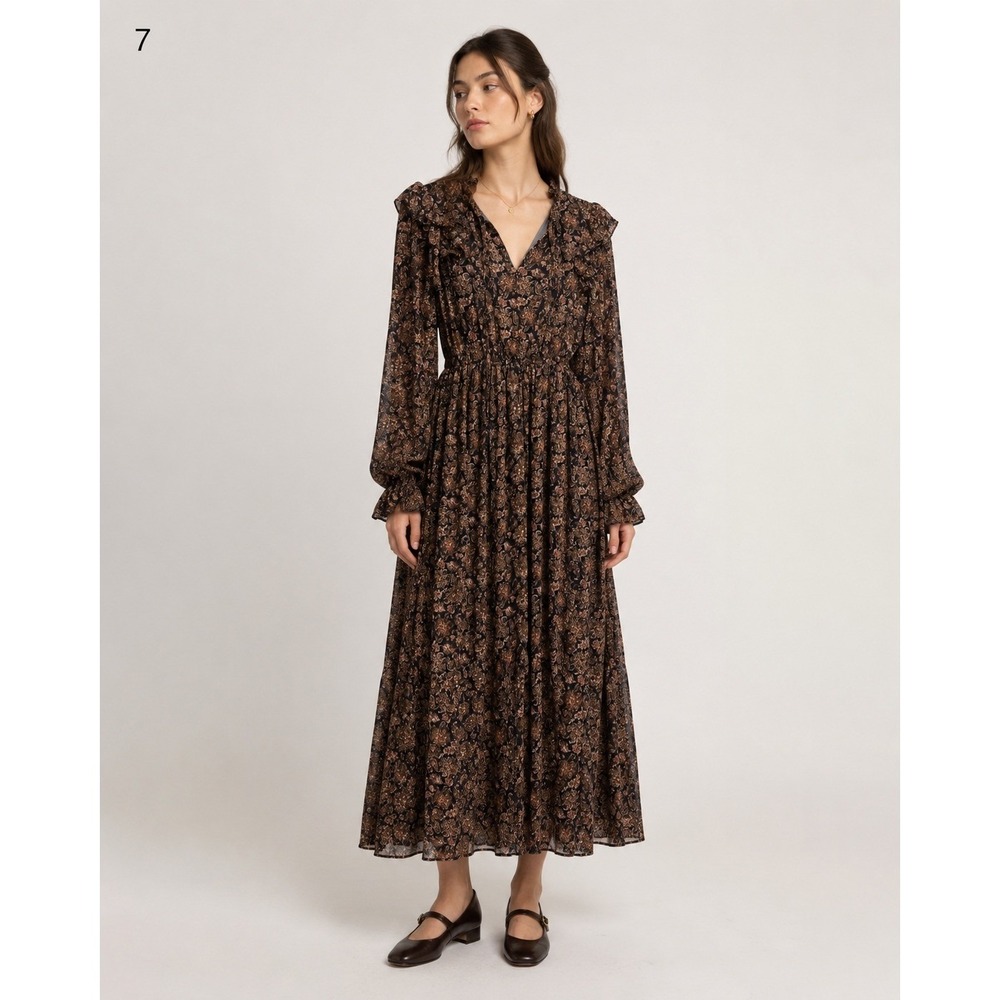 Moon River Tiered Ruffle Maxi Dress Womens Medium Fall Brown Black Metallic Gold